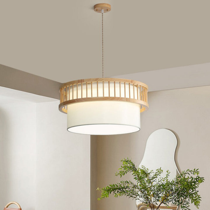 Suspension lumineuse traditionnelle japonaise en bois de caoutchouc en forme de cylindre rond avec tissu 1 lumière pour salle à manger 
