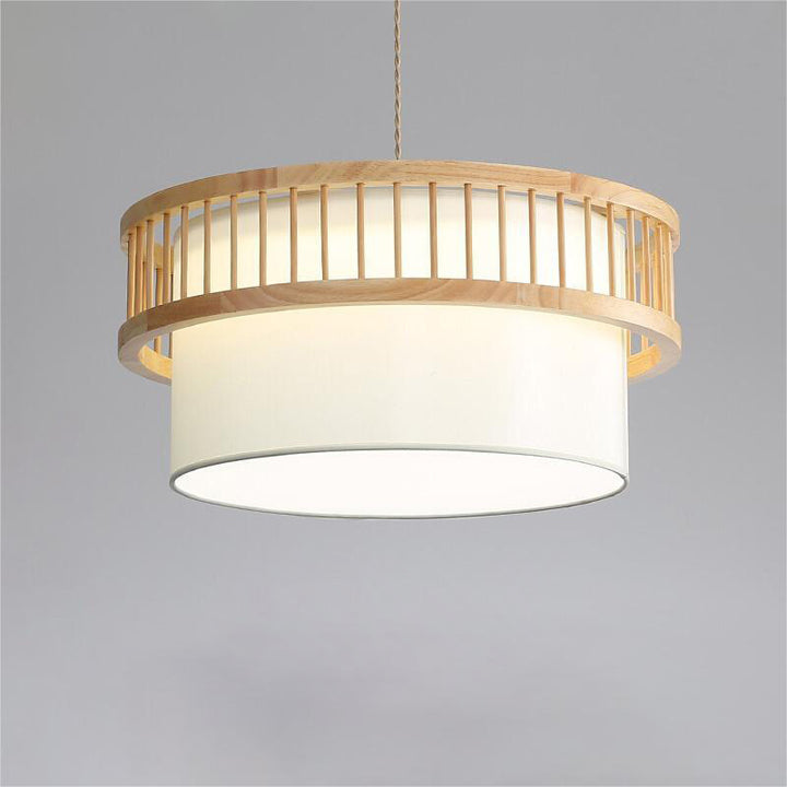 Suspension lumineuse traditionnelle japonaise en bois de caoutchouc en forme de cylindre rond avec tissu 1 lumière pour salle à manger 