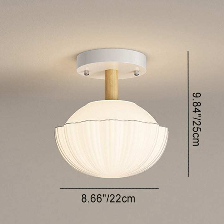 Contemporary Scandinavian Cream Flower Round Oval Iron Glass 1-Light Semi-Flush Mount Ceiling Light For Bedroom