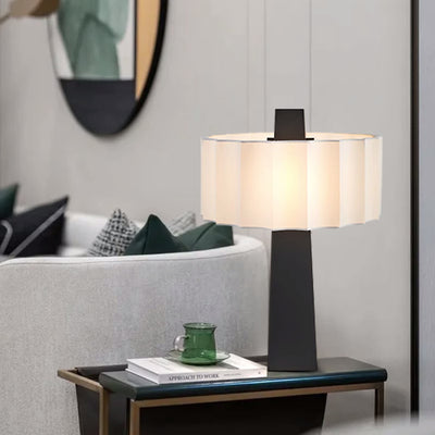 Contemporary Scandinavian Pleated Cylinder Prismatic Iron Fabric 1-Light Table Lamp For Bedroom