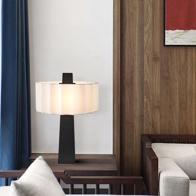 Contemporary Scandinavian Pleated Cylinder Prismatic Iron Fabric 1-Light Table Lamp For Bedroom