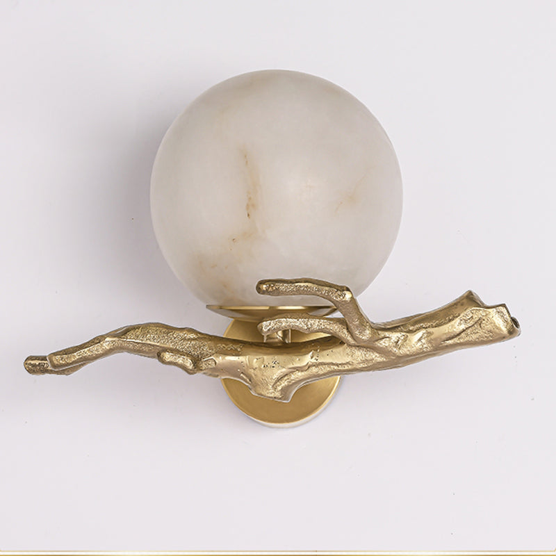 Traditionelle chinesische runde Orb Zweig Kupfer Marmor 1-Licht Wandleuchte Lampe für Schlafzimmer 