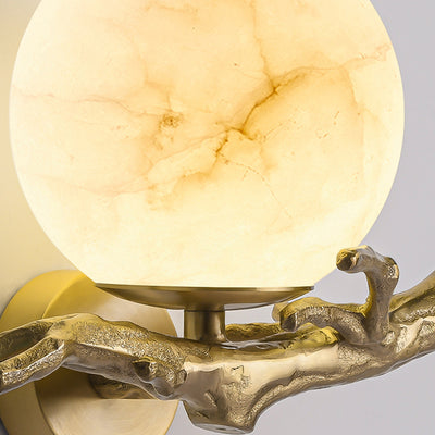 Traditionelle chinesische runde Orb Zweig Kupfer Marmor 1-Licht Wandleuchte Lampe für Schlafzimmer 