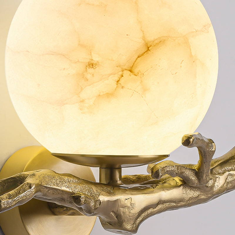 Traditionelle chinesische runde Orb Zweig Kupfer Marmor 1-Licht Wandleuchte Lampe für Schlafzimmer 