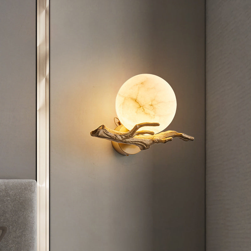 Traditionelle chinesische runde Orb Zweig Kupfer Marmor 1-Licht Wandleuchte Lampe für Schlafzimmer 