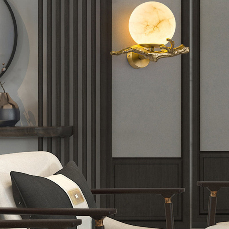 Traditionelle chinesische runde Orb Zweig Kupfer Marmor 1-Licht Wandleuchte Lampe für Schlafzimmer 