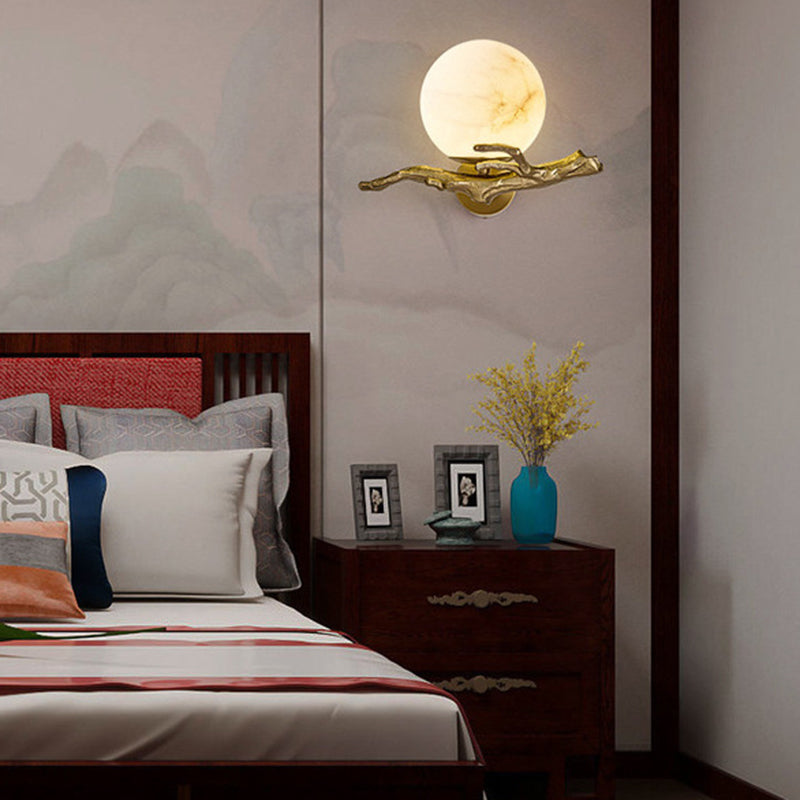 Traditionelle chinesische runde Orb Zweig Kupfer Marmor 1-Licht Wandleuchte Lampe für Schlafzimmer 