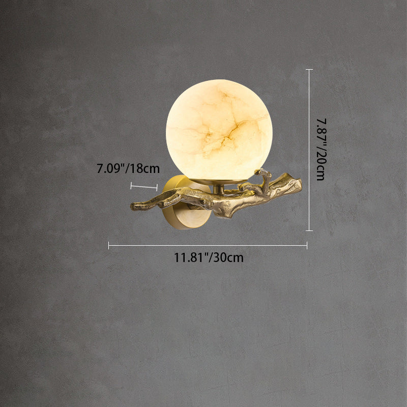 Traditionelle chinesische runde Orb Zweig Kupfer Marmor 1-Licht Wandleuchte Lampe für Schlafzimmer 