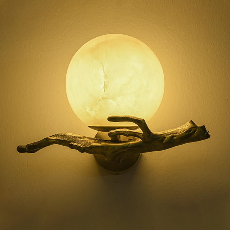 Traditionelle chinesische runde Orb Zweig Kupfer Marmor 1-Licht Wandleuchte Lampe für Schlafzimmer 