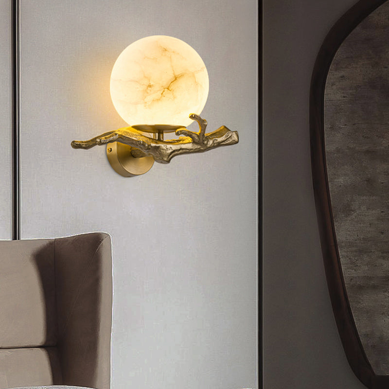 Traditionelle chinesische runde Orb Zweig Kupfer Marmor 1-Licht Wandleuchte Lampe für Schlafzimmer 