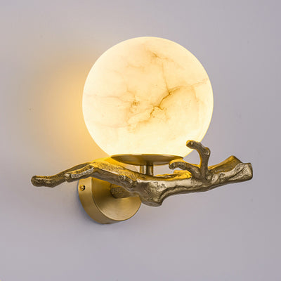 Traditionelle chinesische runde Orb Zweig Kupfer Marmor 1-Licht Wandleuchte Lampe für Schlafzimmer 