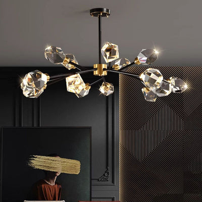 Lustre moderne de luxe rond polygonal en cuivre avec cristaux 6/9/12/15/18 lumières pour salon 