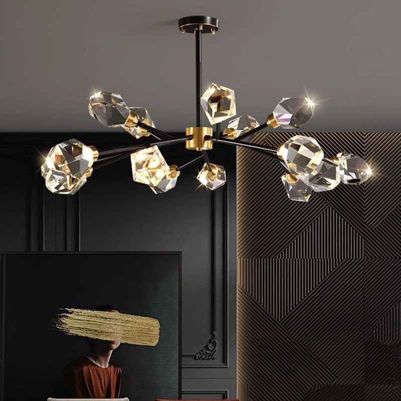 Lustre moderne de luxe rond polygonal en cuivre avec cristaux 6/9/12/15/18 lumières pour salon 