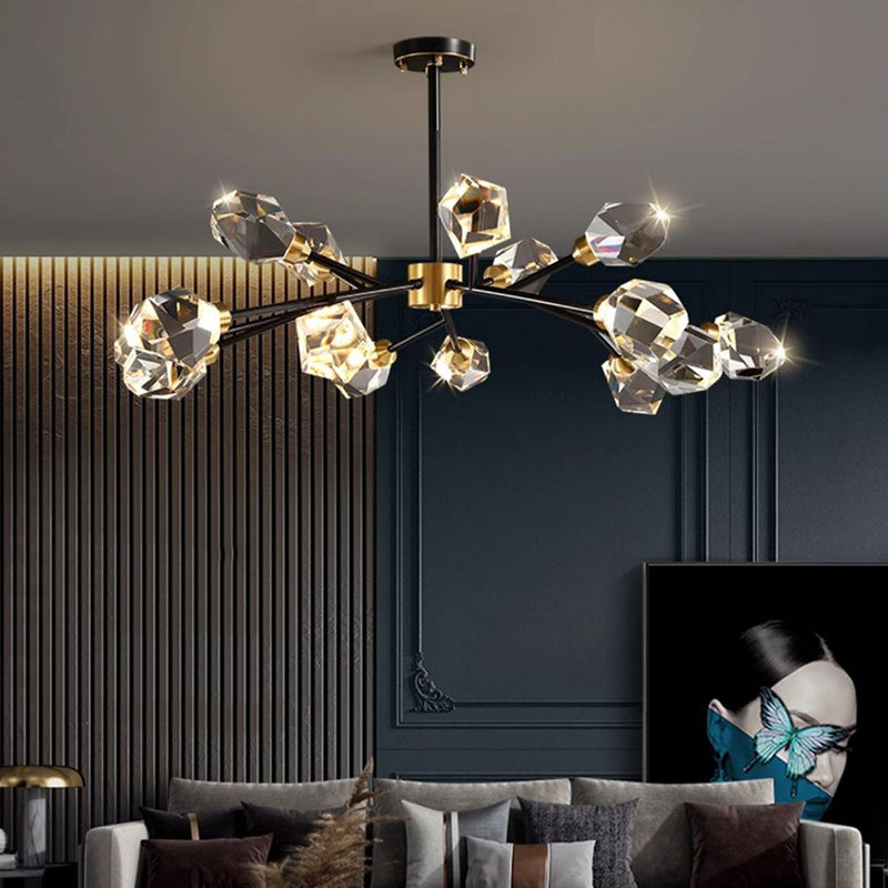 Lustre moderne de luxe rond polygonal en cuivre avec cristaux 6/9/12/15/18 lumières pour salon 