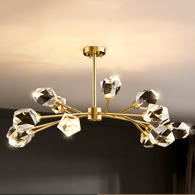Lustre moderne de luxe rond polygonal en cuivre avec cristaux 6/9/12/15/18 lumières pour salon 