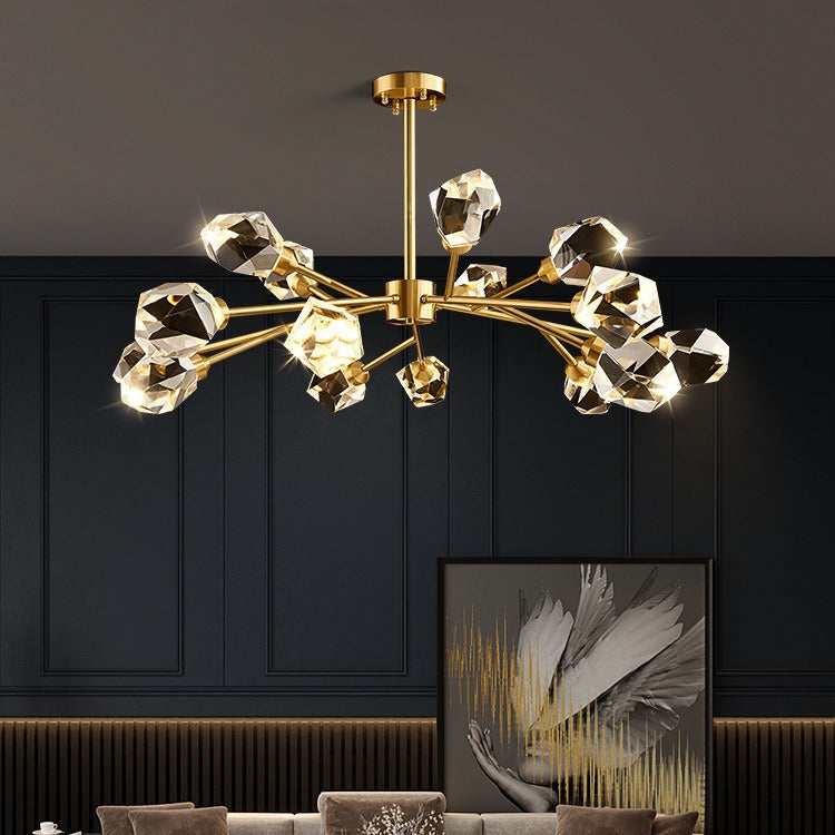 Lustre moderne de luxe rond polygonal en cuivre avec cristaux 6/9/12/15/18 lumières pour salon 