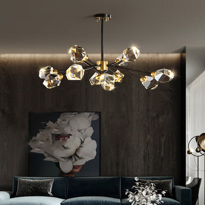Lustre moderne de luxe rond polygonal en cuivre avec cristaux 6/9/12/15/18 lumières pour salon 