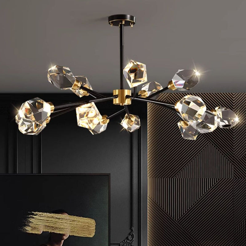 Lustre moderne de luxe rond polygonal en cuivre avec cristaux 6/9/12/15/18 lumières pour salon 