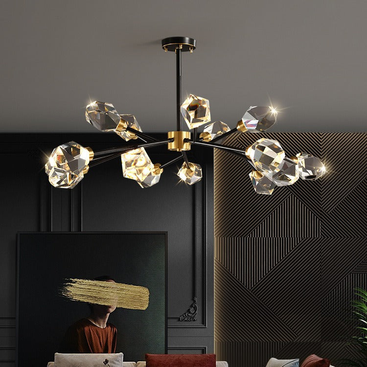 Lustre moderne de luxe rond polygonal en cuivre avec cristaux 6/9/12/15/18 lumières pour salon 