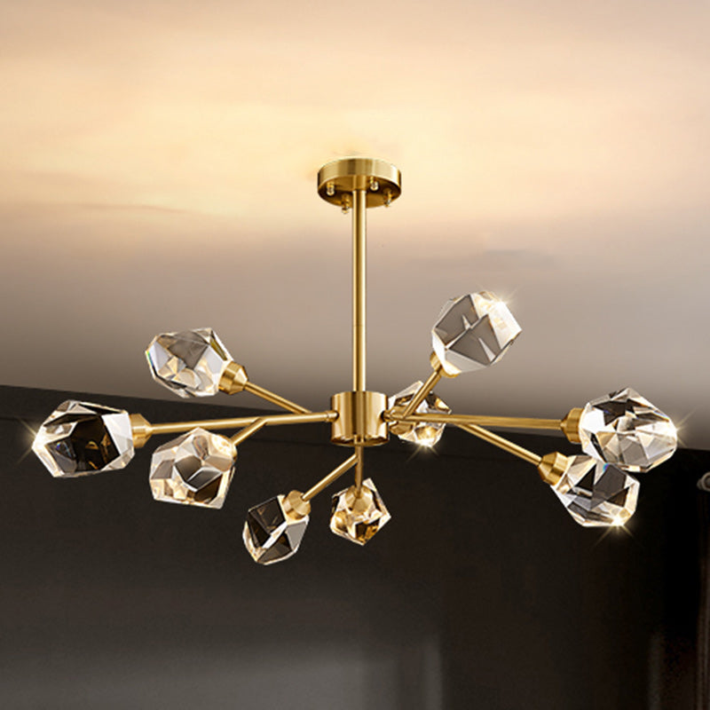 Lustre moderne de luxe rond polygonal en cuivre avec cristaux 6/9/12/15/18 lumières pour salon 