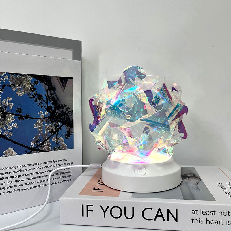Lámpara de mesa LED redonda de arte moderno Deco USB con flor de cerezo, ola, luna, ABS y PET para dormitorio 