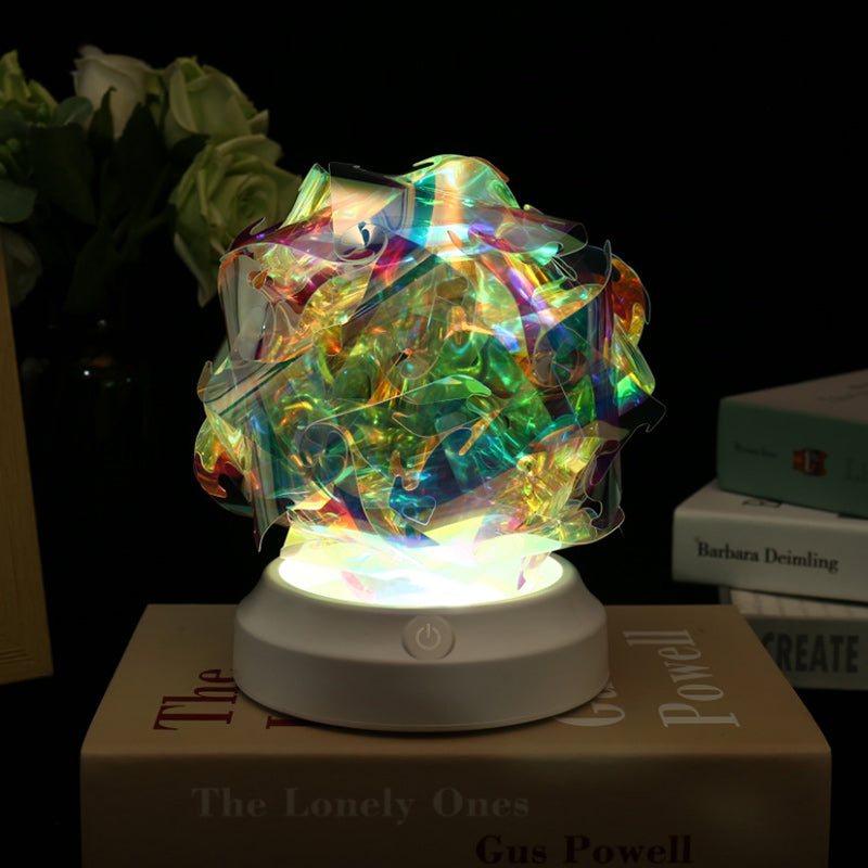 Lámpara de mesa LED redonda de arte moderno Deco USB con flor de cerezo, ola, luna, ABS y PET para dormitorio 