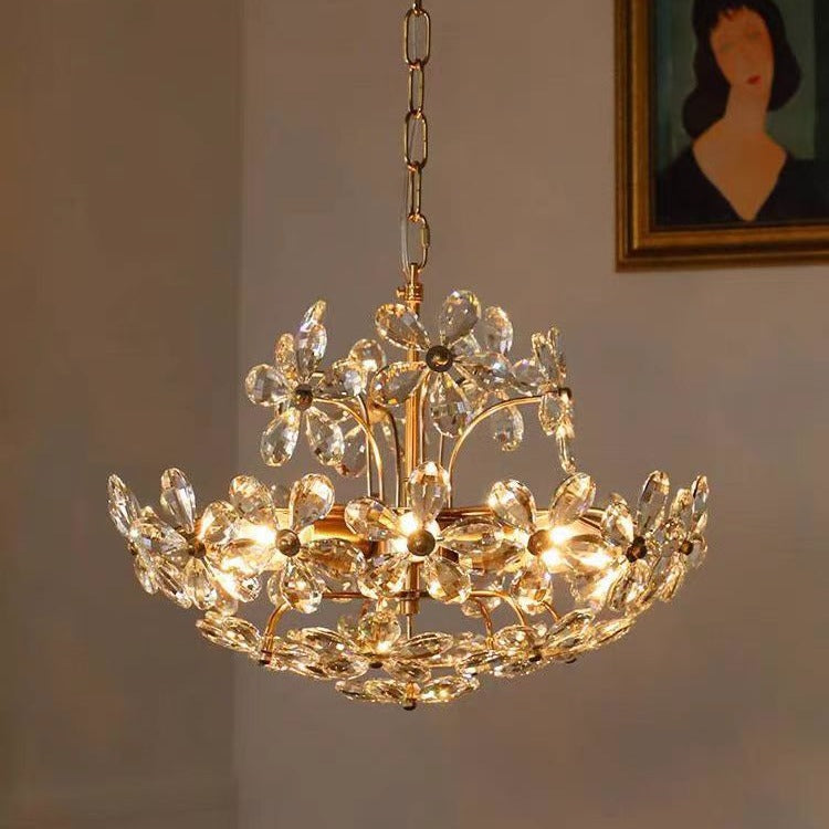 Lustre traditionnel français rond en cuivre avec cristaux et 6/8 lumières pour chambre 