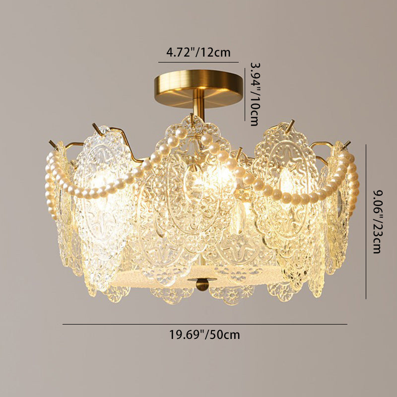 Plafonnier semi-encastré à 5/6 lumières en fer et verre avec perle crème traditionnelle française pour chambre 