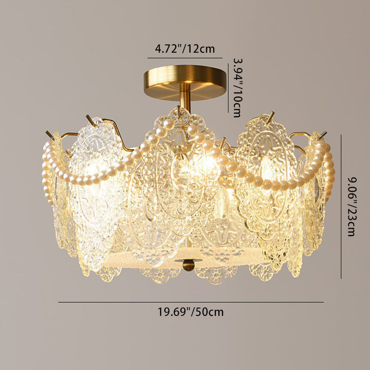 Plafonnier semi-encastré à 5/6 lumières en fer et verre avec perle crème traditionnelle française pour chambre 