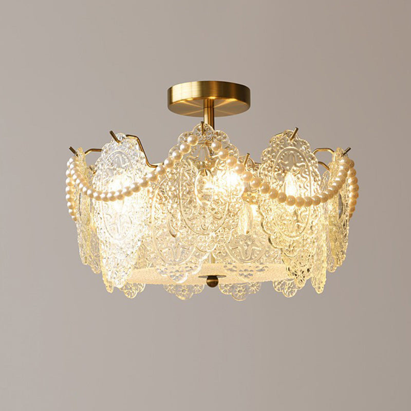 Plafonnier semi-encastré à 5/6 lumières en fer et verre avec perle crème traditionnelle française pour chambre 
