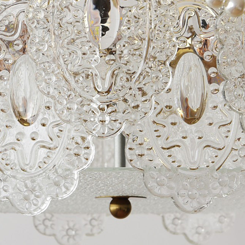 Plafonnier semi-encastré à 5/6 lumières en fer et verre avec perle crème traditionnelle française pour chambre 