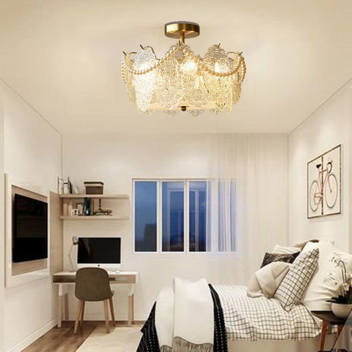 Plafonnier semi-encastré à 5/6 lumières en fer et verre avec perle crème traditionnelle française pour chambre 