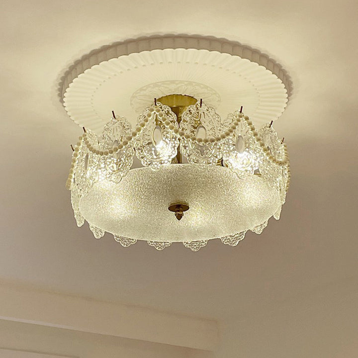 Plafonnier semi-encastré à 5/6 lumières en fer et verre avec perle crème traditionnelle française pour chambre 