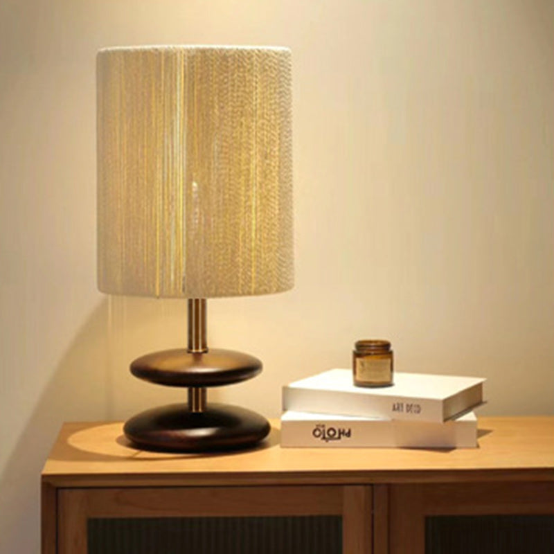 Lampe de table moderne mi-siècle ronde cylindrique en bois de frêne avec corde en papier et matériel à 1 lumière pour chambre 