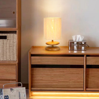 Lampe de table moderne mi-siècle ronde cylindrique en bois de frêne avec corde en papier et matériel à 1 lumière pour chambre 