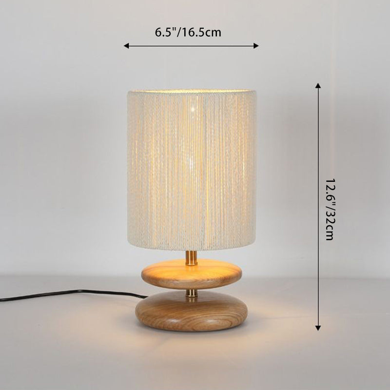 Lampe de table moderne mi-siècle ronde cylindrique en bois de frêne avec corde en papier et matériel à 1 lumière pour chambre 