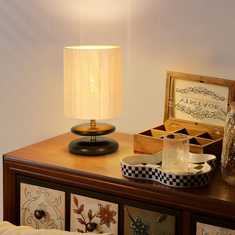 Lampe de table moderne mi-siècle ronde cylindrique en bois de frêne avec corde en papier et matériel à 1 lumière pour chambre 