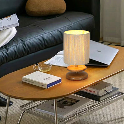Lampe de table moderne mi-siècle ronde cylindrique en bois de frêne avec corde en papier et matériel à 1 lumière pour chambre 