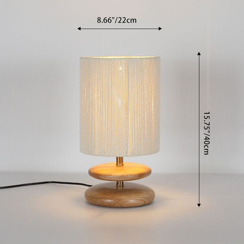 Lampe de table moderne mi-siècle ronde cylindrique en bois de frêne avec corde en papier et matériel à 1 lumière pour chambre 