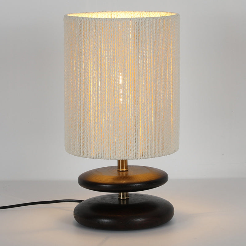 Lampe de table moderne mi-siècle ronde cylindrique en bois de frêne avec corde en papier et matériel à 1 lumière pour chambre 