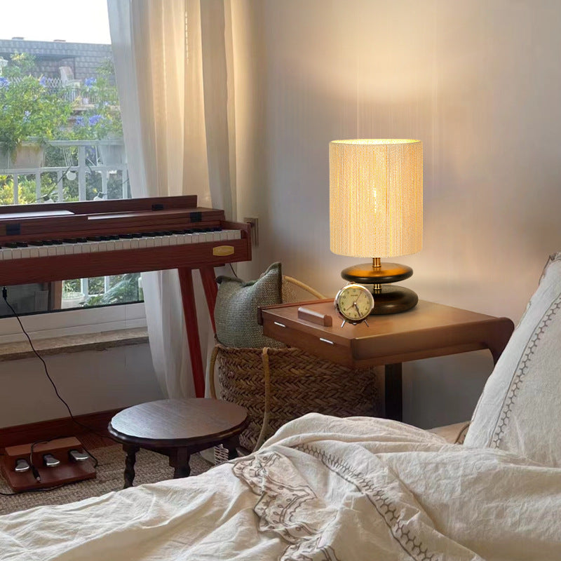 Lampe de table moderne mi-siècle ronde cylindrique en bois de frêne avec corde en papier et matériel à 1 lumière pour chambre 