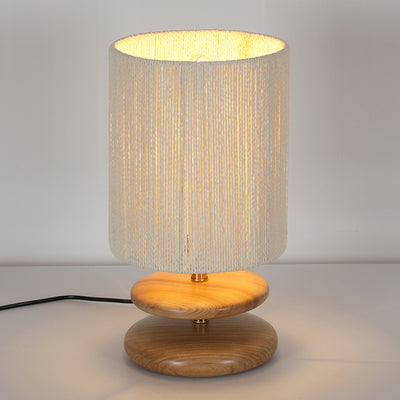Lampe de table moderne mi-siècle ronde cylindrique en bois de frêne avec corde en papier et matériel à 1 lumière pour chambre 