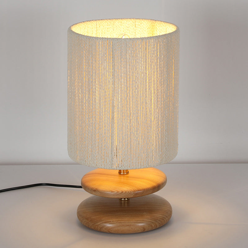 Lampe de table moderne mi-siècle ronde cylindrique en bois de frêne avec corde en papier et matériel à 1 lumière pour chambre 