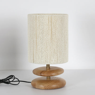 Lampe de table moderne mi-siècle ronde cylindrique en bois de frêne avec corde en papier et matériel à 1 lumière pour chambre 