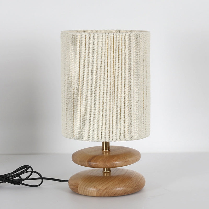 Lampe de table moderne mi-siècle ronde cylindrique en bois de frêne avec corde en papier et matériel à 1 lumière pour chambre 