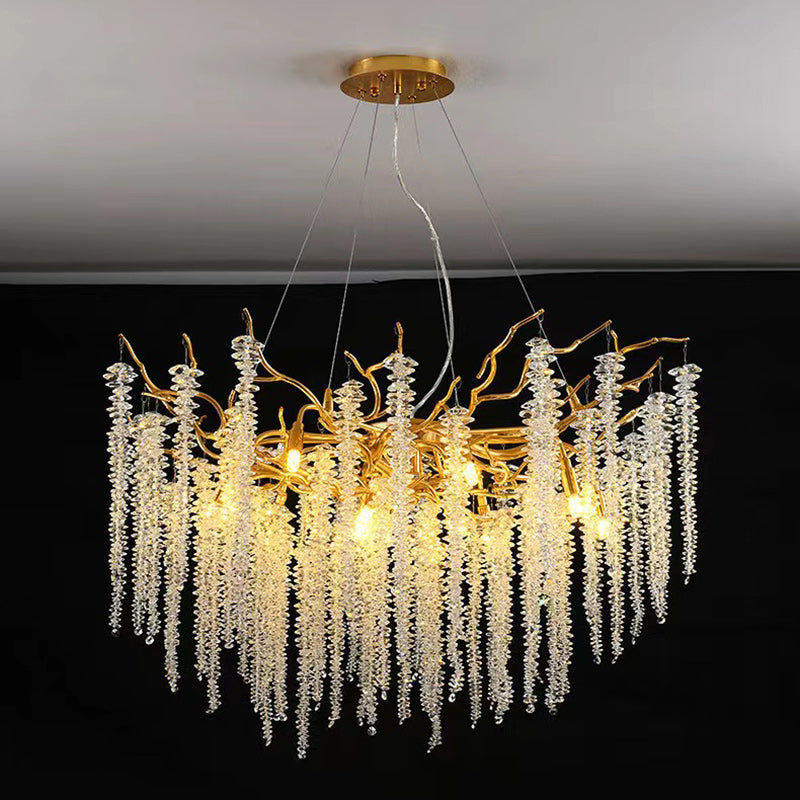 Lustre moderne de luxe en forme de brindille ronde en aluminium avec cristaux 8/13/15 lumières pour salon 
