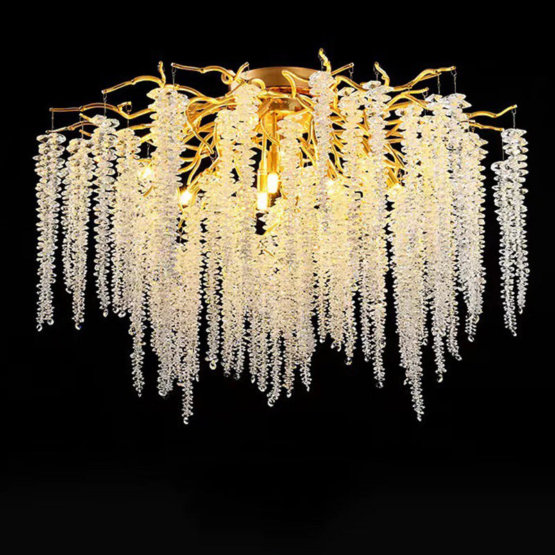 Lustre moderne de luxe en forme de brindille ronde en aluminium avec cristaux 8/13/15 lumières pour salon 