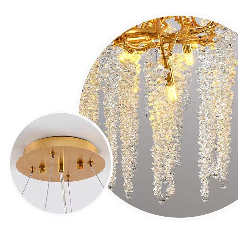 Lustre moderne de luxe en forme de brindille ronde en aluminium avec cristaux 8/13/15 lumières pour salon 