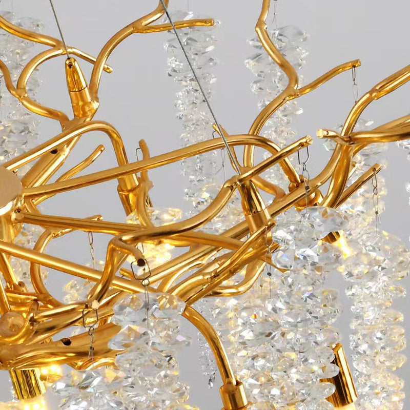 Lustre moderne de luxe en forme de brindille ronde en aluminium avec cristaux 8/13/15 lumières pour salon 