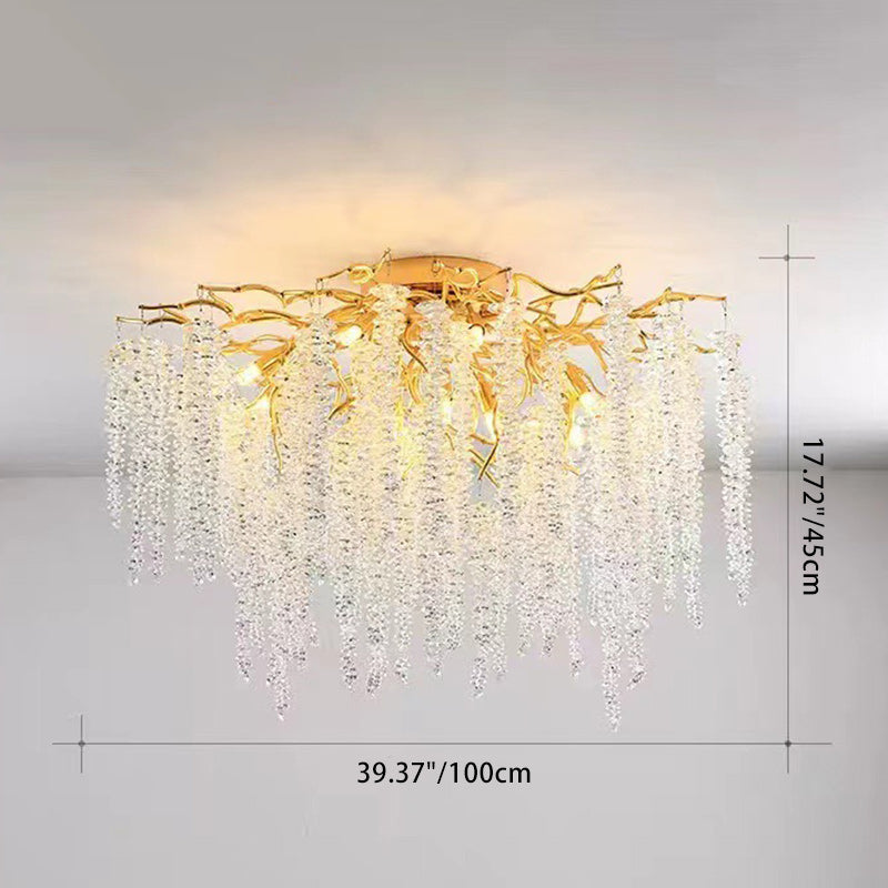 Lustre semi-encastré moderne de luxe en forme de brindille en aluminium rond avec cristal 8/13/15 lumières pour chambre à coucher 